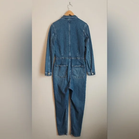 Free People Lennox Zip Front Denim Jean Jumpsuit Size Large Long Sleeve Utility